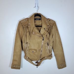 Zara Camel Western Boho Fringe Moto Jacket